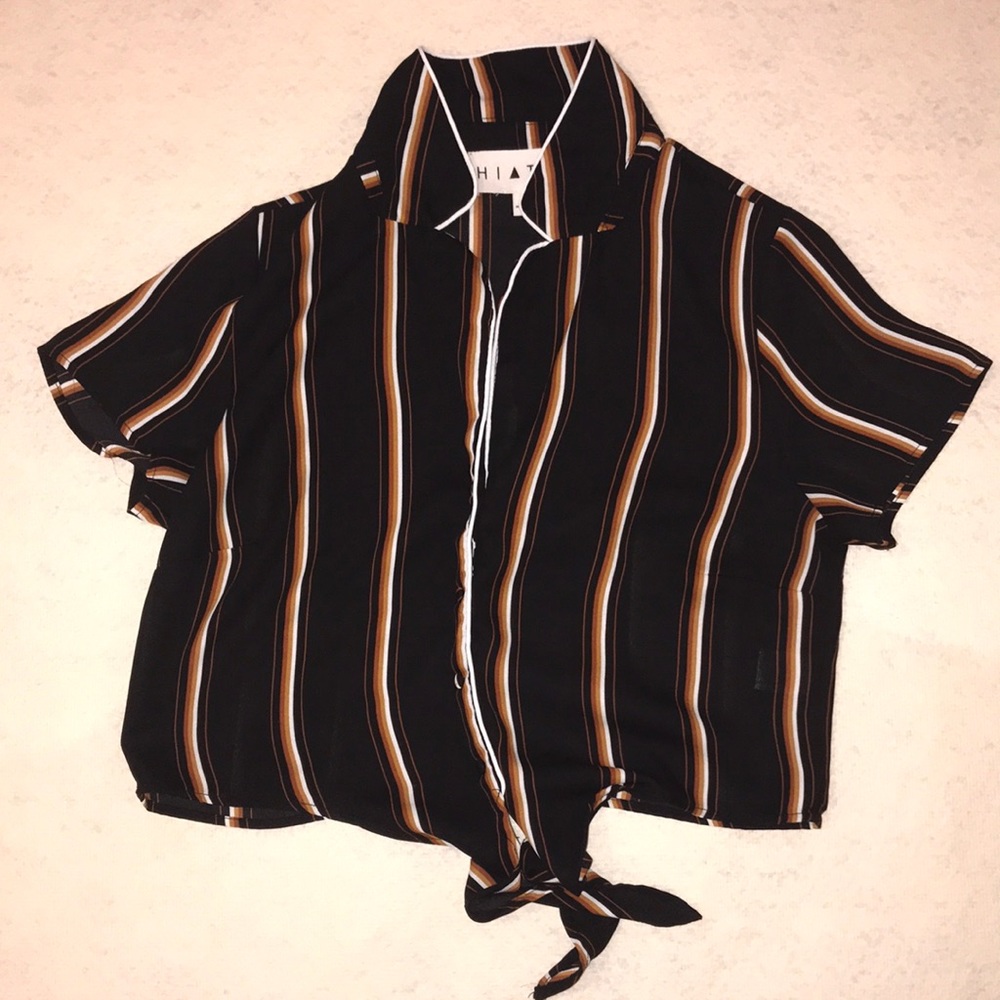 Stripped Button Down Tie Blouse